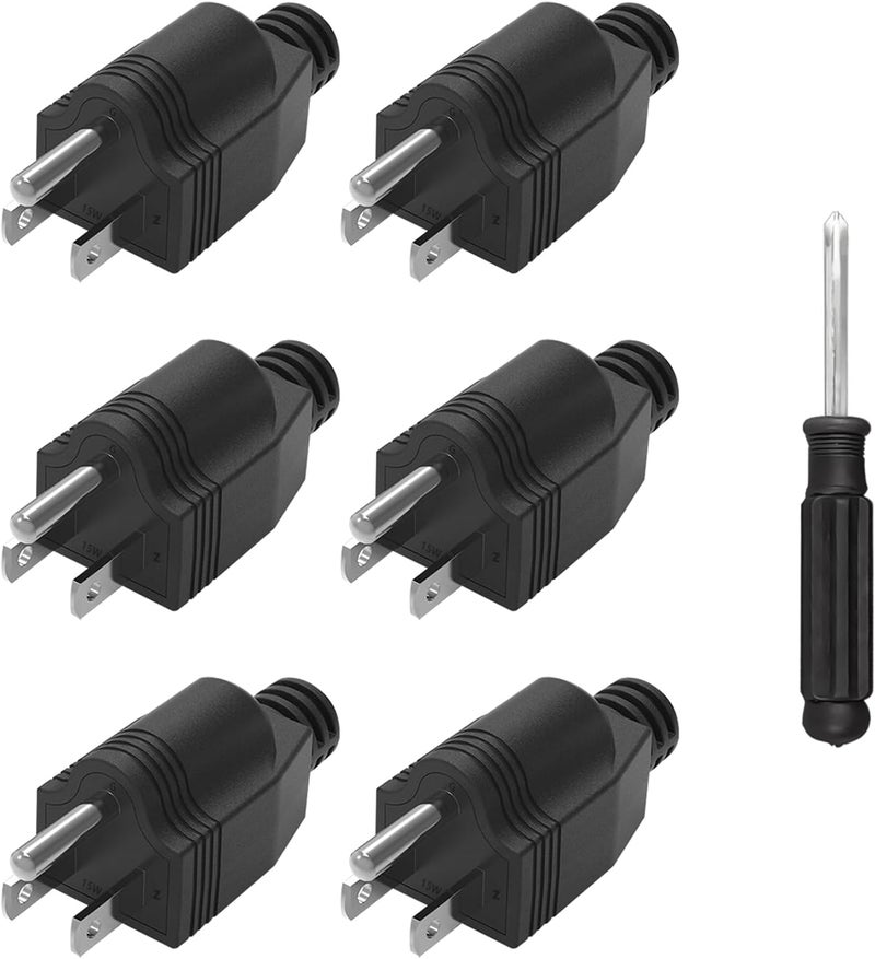 OFOAEEA 3 Prong Replacement Plug, 6 Pack Extension Cord Ends, Replacement Plugs 3 Prong with 1 Screwdriver, Neutral Ground Bonding Plugs, 3 Wire MalePlug, Power Plug Replacements, Black - Image 1